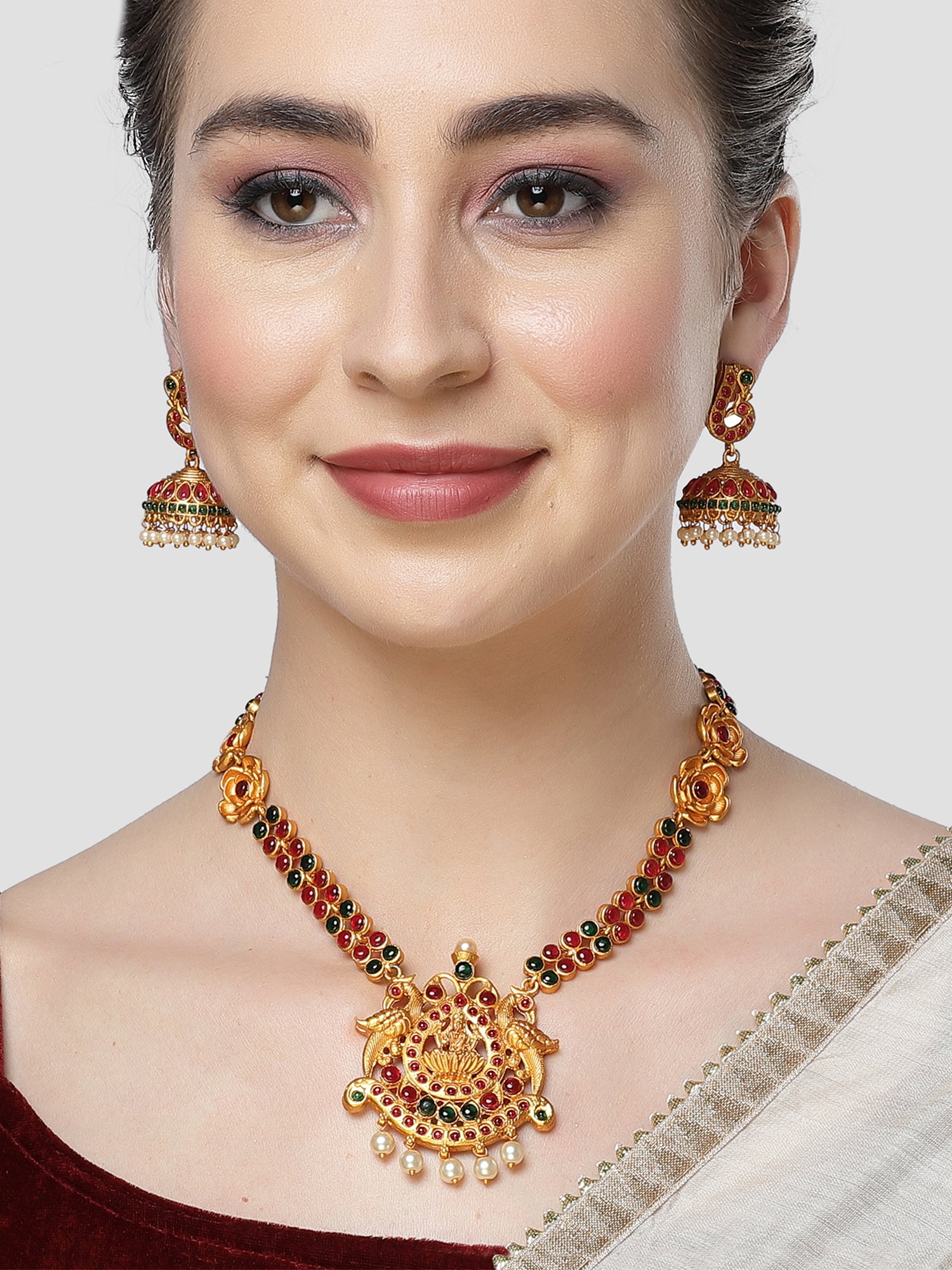 Karatcart Red and Green Stones Laxmi Mata Design Temple Jewellery Set for Women