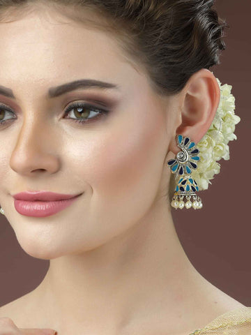 Karatcart Gold Plated Blue Meena Jhumki Earrings for Women