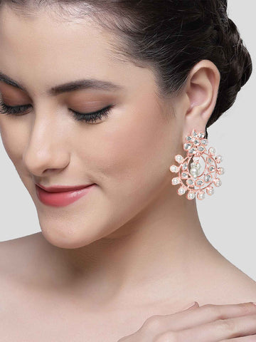 Karatcart Rose Gold Plated Pearl and Kundan Studded Drop Earrings for Women