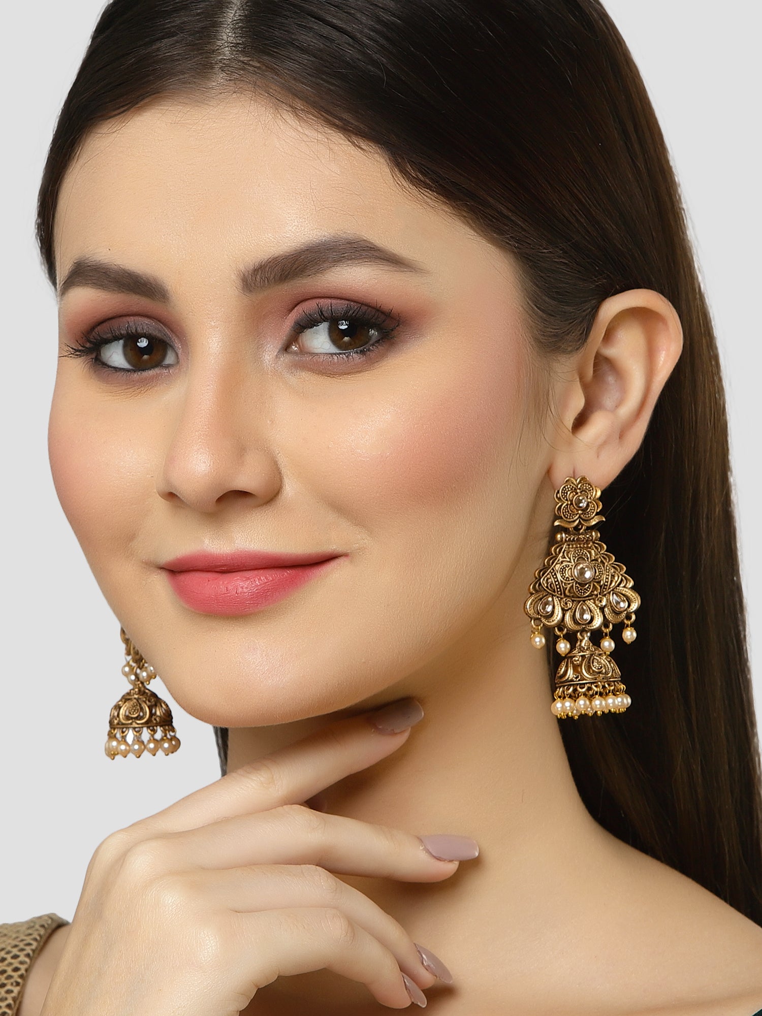 Karatcart Gold Plated Kundan Studded Dangler Jhumki Earrings for Women - Image 1