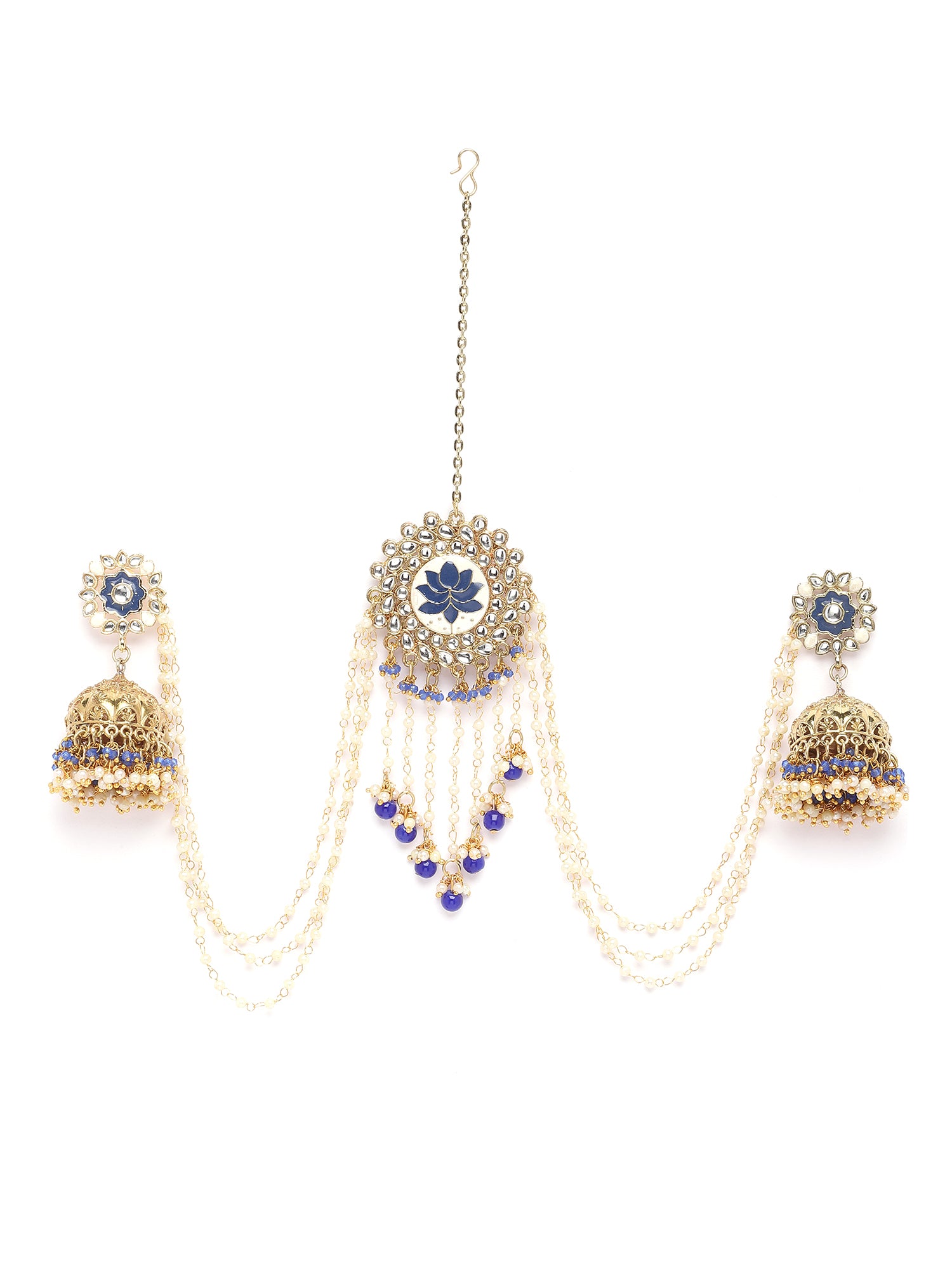 Karatcart Gold Plated Blue Meena Kundan Jhumki Earrings with Juda Pin for Women - view 4