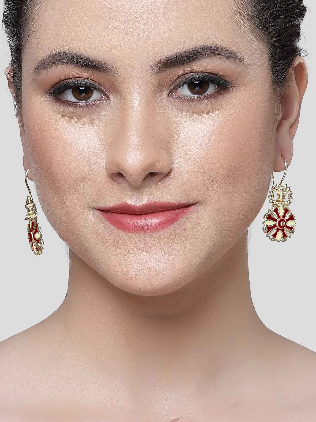 Karatcart Gold Plated Brown and Cream Meena Floral Drop Earring for Women