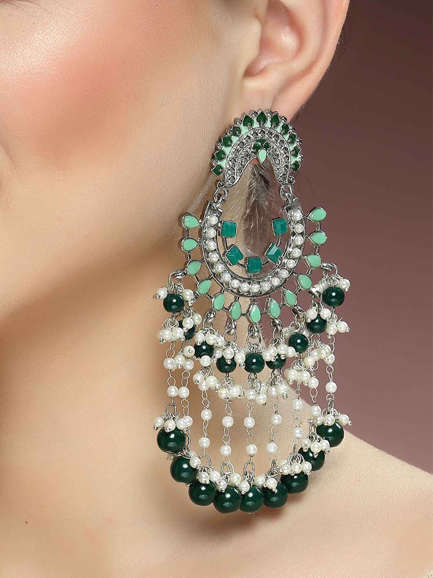 Karatcart Gold Plated Green Beads Kundan Dangler Earrings for Women - Image 1