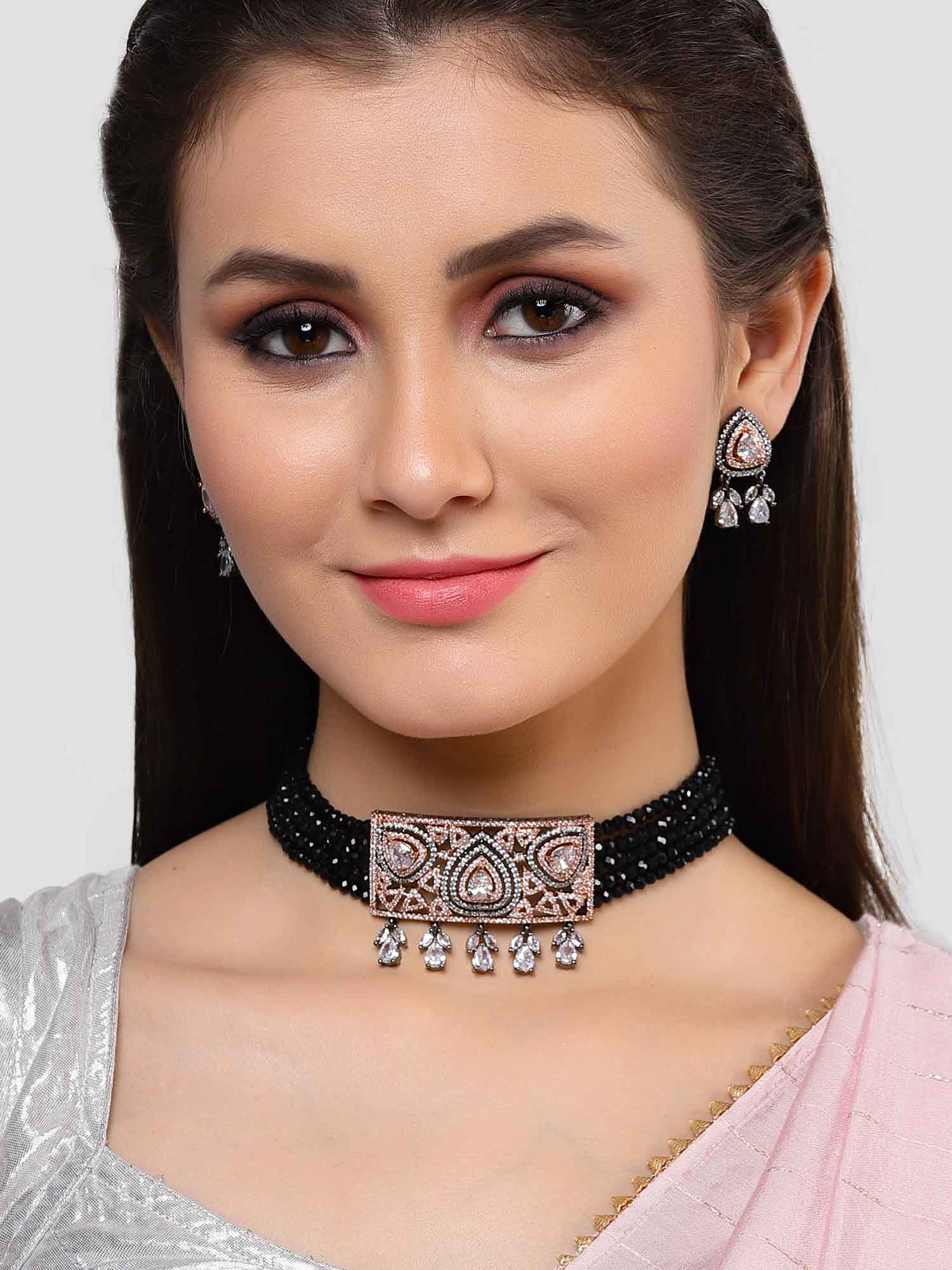 Karatcart Rose Gold Plated Black Crystal CZ Choker Necklace Set for Women - Image 1