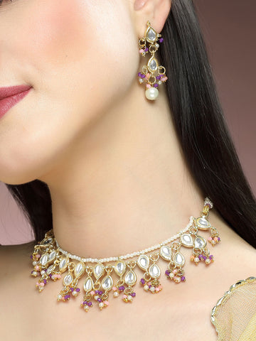 KARATCART Gold Plated Kundan Classic Purple and Pink Jewellery Set for Women