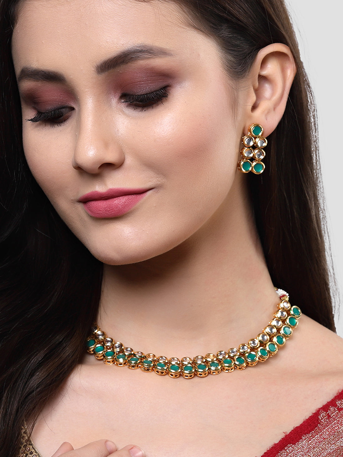 Karatcart Gold Plated Green Polki Kundan Handcrafted Necklace Set for Women