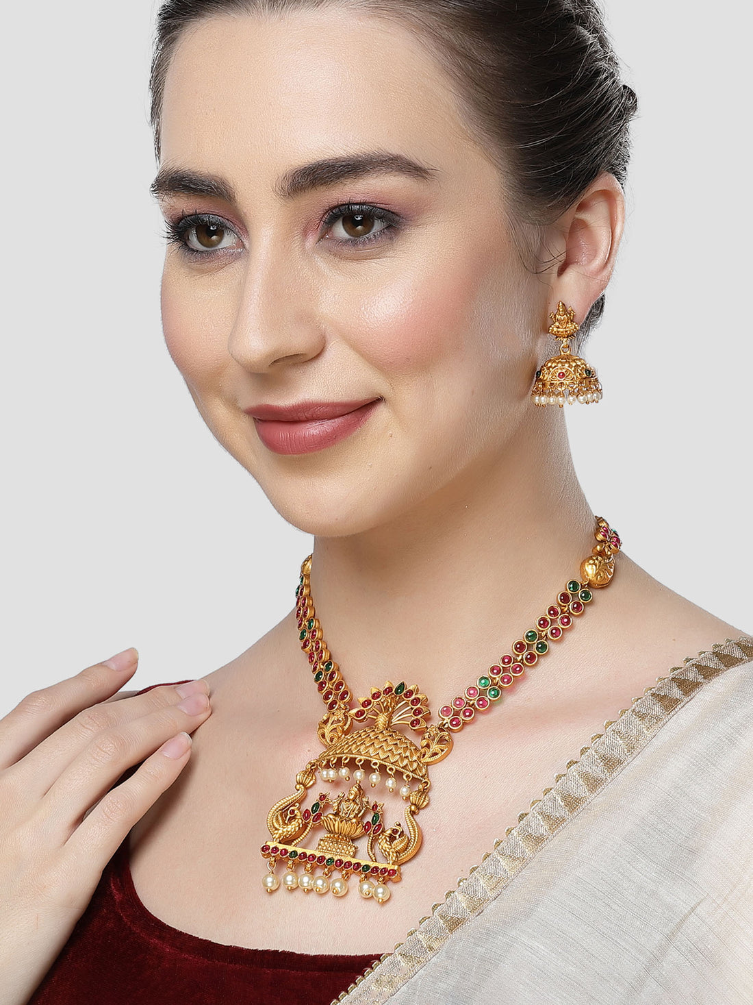 Karatcart Gold Plated Peacock and Laxmi Mata Long Temple Jewellery Set for Women