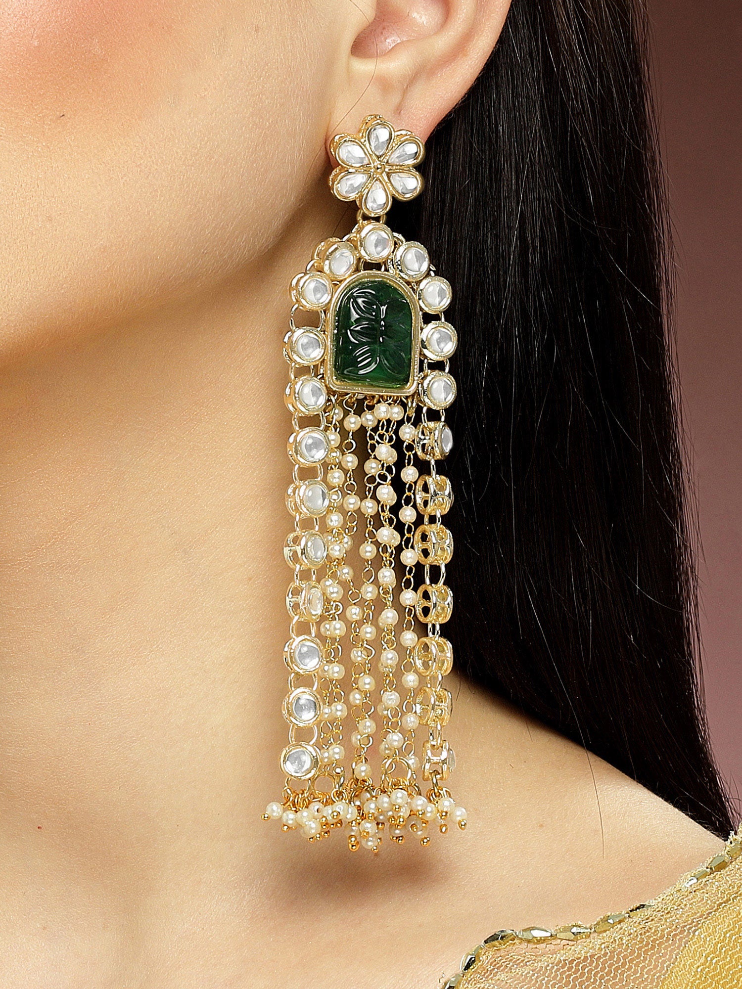 Karatcart Gold Plated Green Carved Kundan Drop Earrings for Women