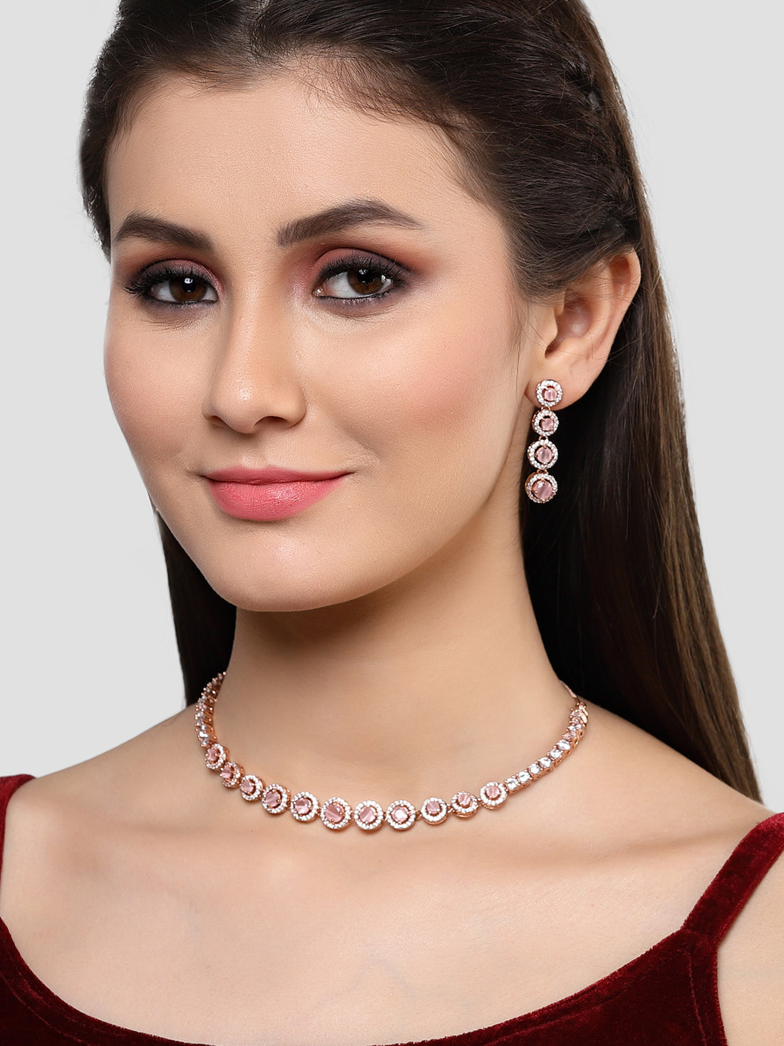 Karatcart Rose Gold Plated Pink CZ Stone Studded Jewellery Set