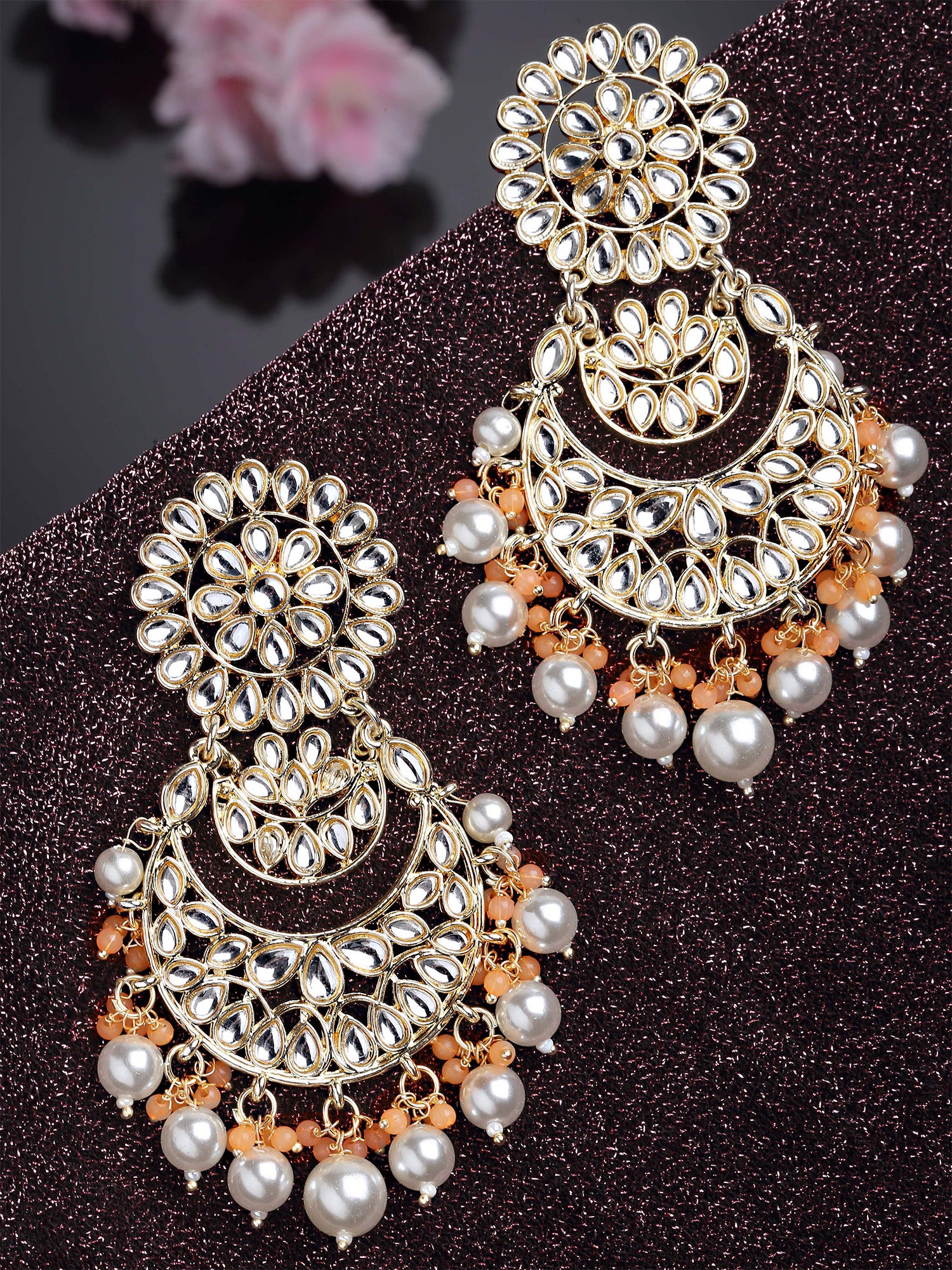 Karatcart Gold Plated Peach and Pearl Beads Studded Kundan Dangler Earrings for Women - view 3