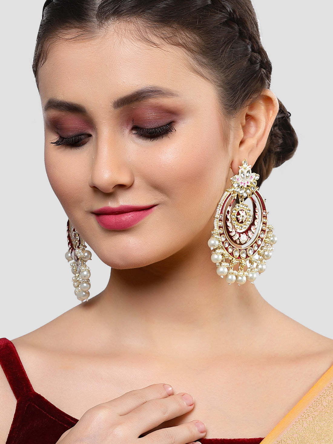 Karatcart Gold Plated Red Meena Pearl and Kundan Studded Chandbali Earrings for Women