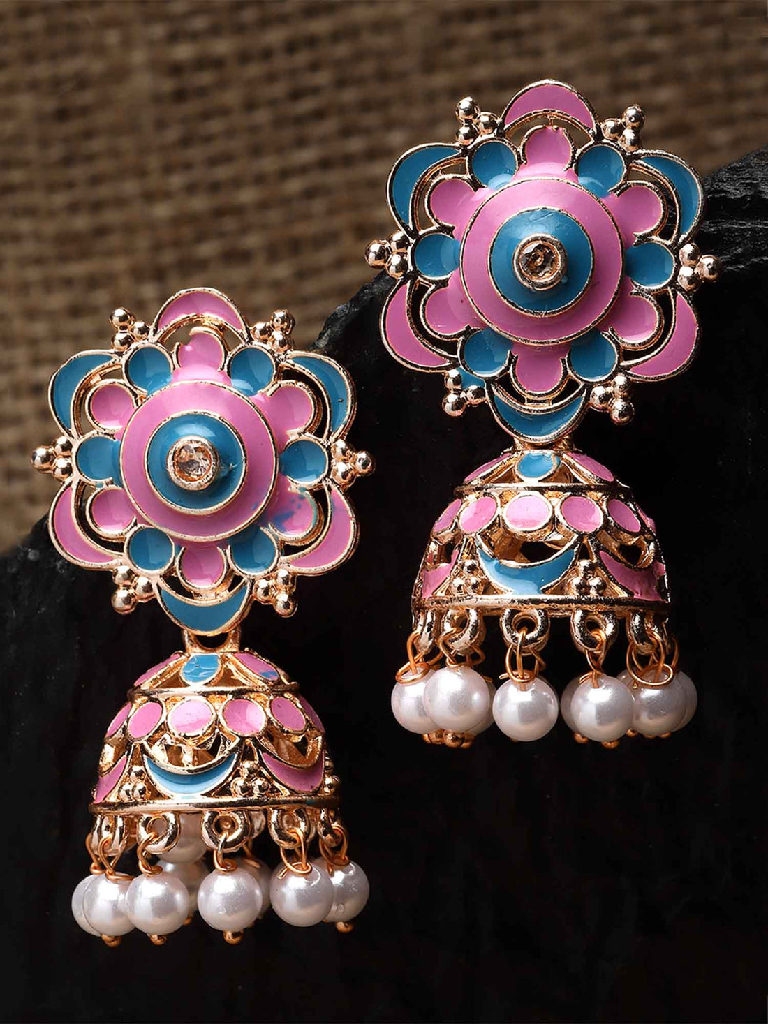 Karatcart Rose Gold Plated Floral Design Blue and Pink Meena Jhumki Earrings for Women