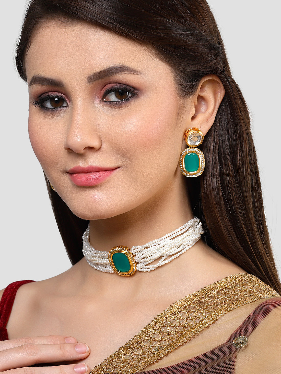 Karatcart Gold Plated Green Polki Kundan Choker Necklace Set for Women