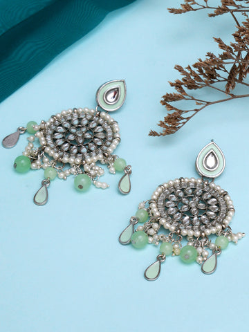 Karatcart Oxidised Silver Light Green Floral Kundan Dangler Earrings for Women