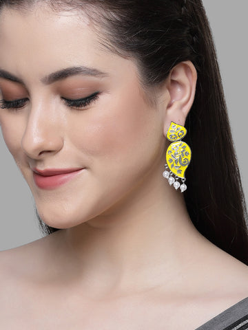 Karatcart Silver Plated Yellow and Grey Meena Drop Earrings for Women