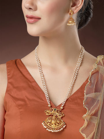 Karatcart Gold Plated Pearl Studded Peacock Design Temple Jewellery Set for Women