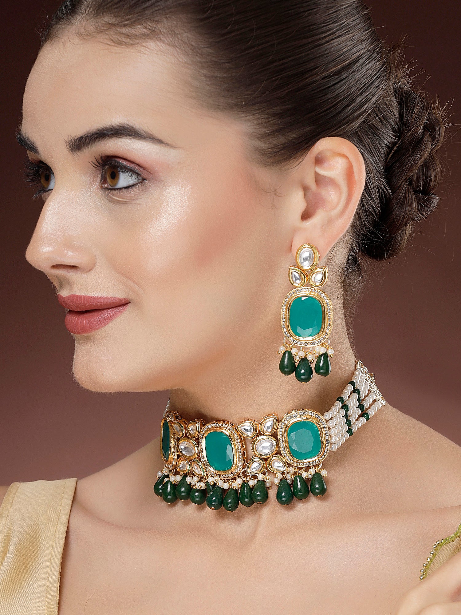 Karatcart Green Polki Kundan Design Choker Jewellery Set for Women