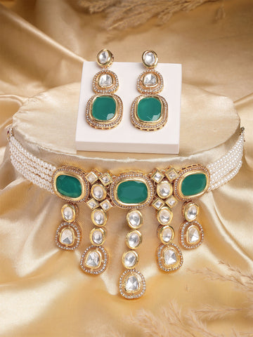 Karatcart Green Polki Kundan Design Choker Jewellery Set for Women