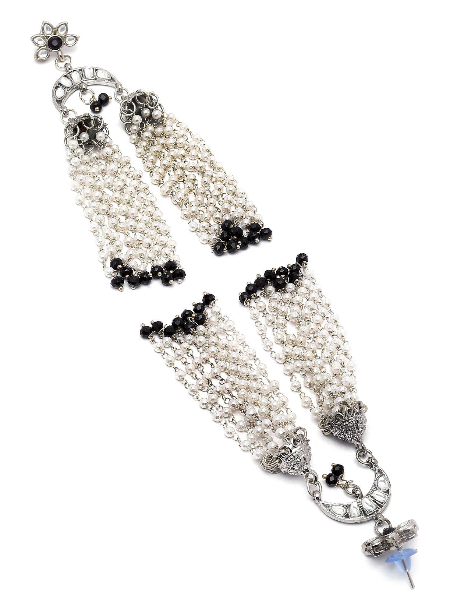 Karatcart Oxidised Silver Black Crystal and Pearl Kundan Drop Earrings for Women - view 5