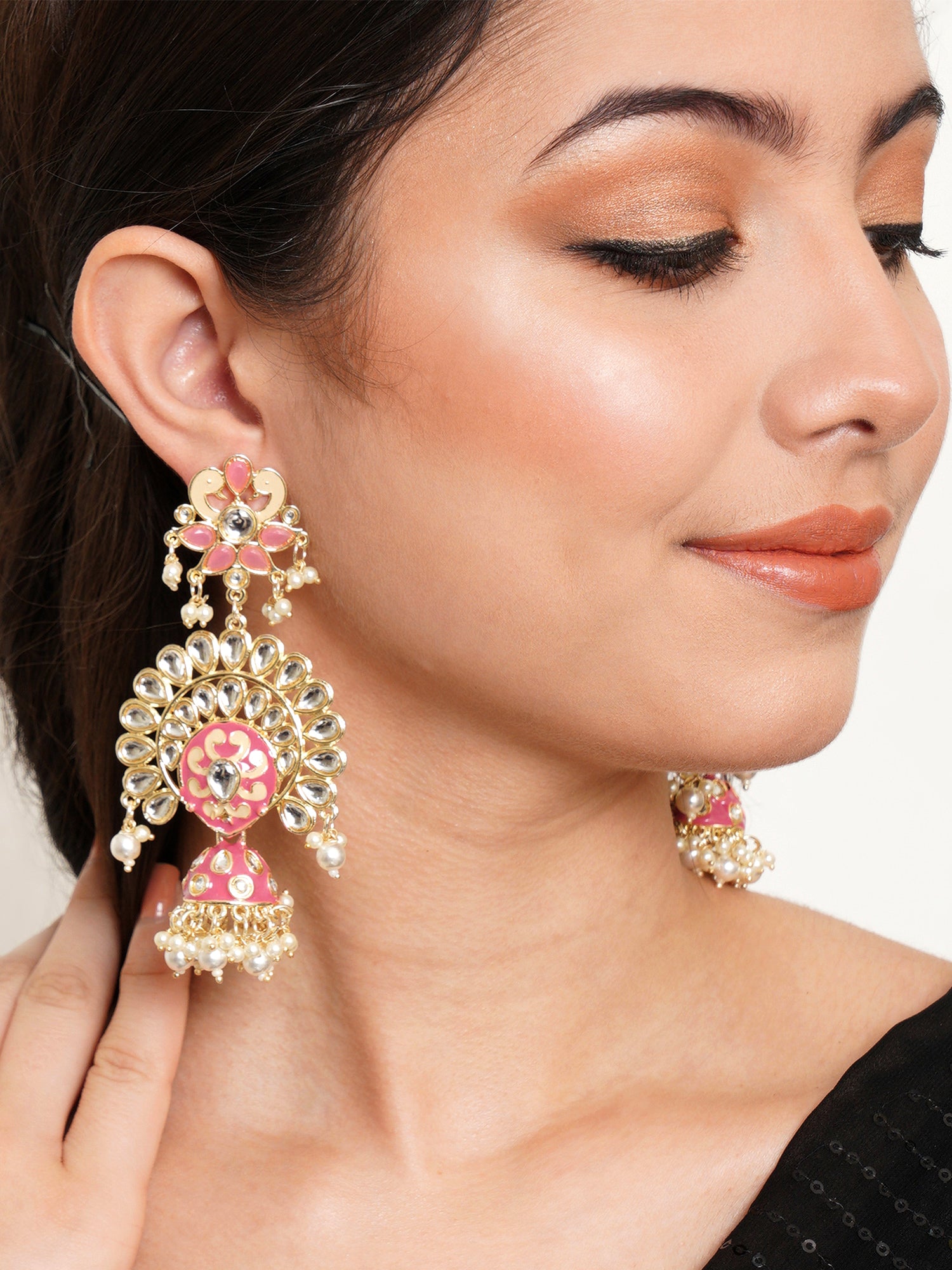 Karatcart Gold Plated Pink Meena Kundan Studded Dangler Jhumki Earrings for Women - view 2
