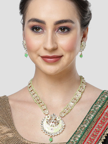 Karatcart Gold Plated Light Green Meena Kundan Ranihaar Necklace Set for Women