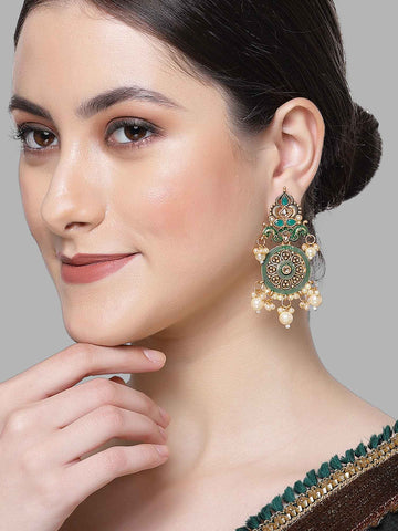 Karatcart Gold Plated Green Meena Kundan Dangler Earrings for Women