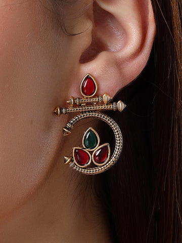 Karatcart Gold Plated Red and Green Stone Studded Drop Earrings for Women