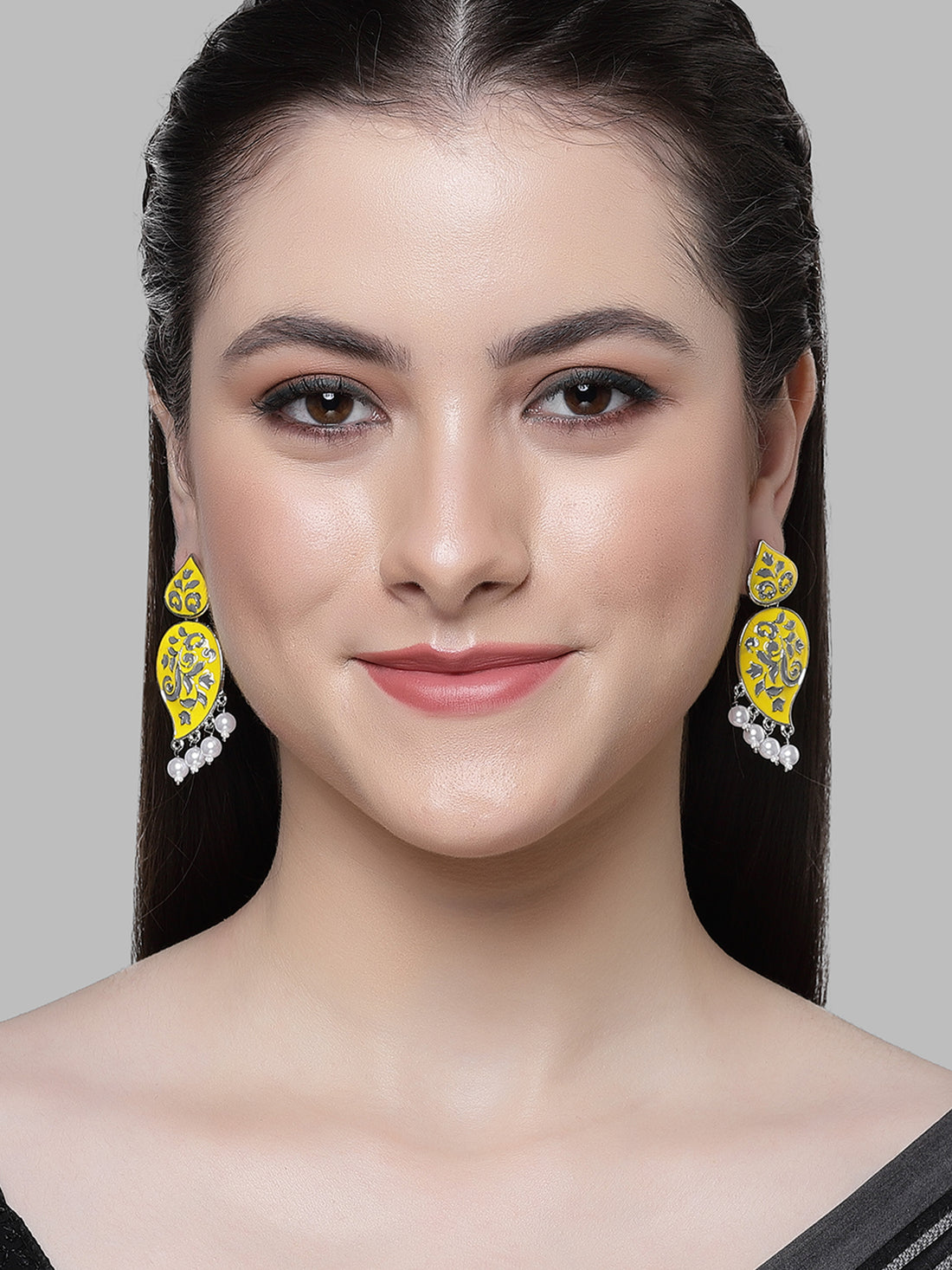 Karatcart Silver Plated Yellow and Grey Meena Drop Earrings for Women