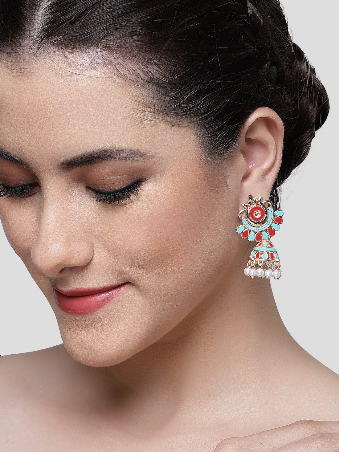 Karatcart Rose Gold Plated Red and Light Blue Meena Jhumki Earrings for Women