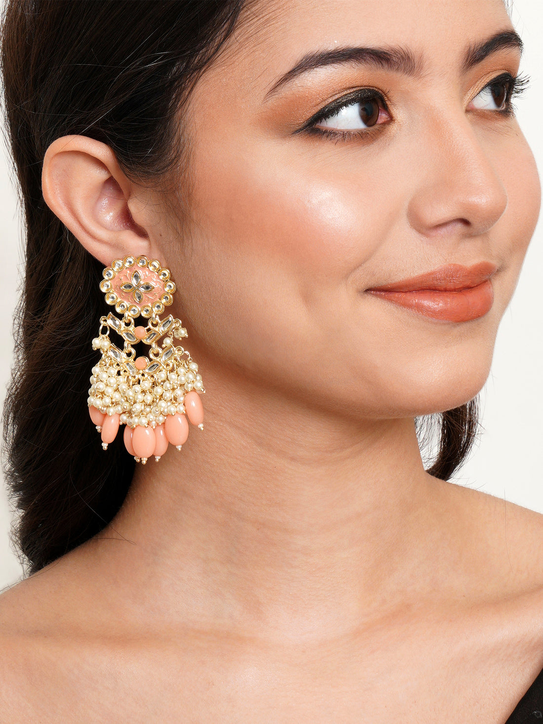 Karatcart Gold Plated Kundan Studded Peach Meena and Tumble Dangler Earrings for Women