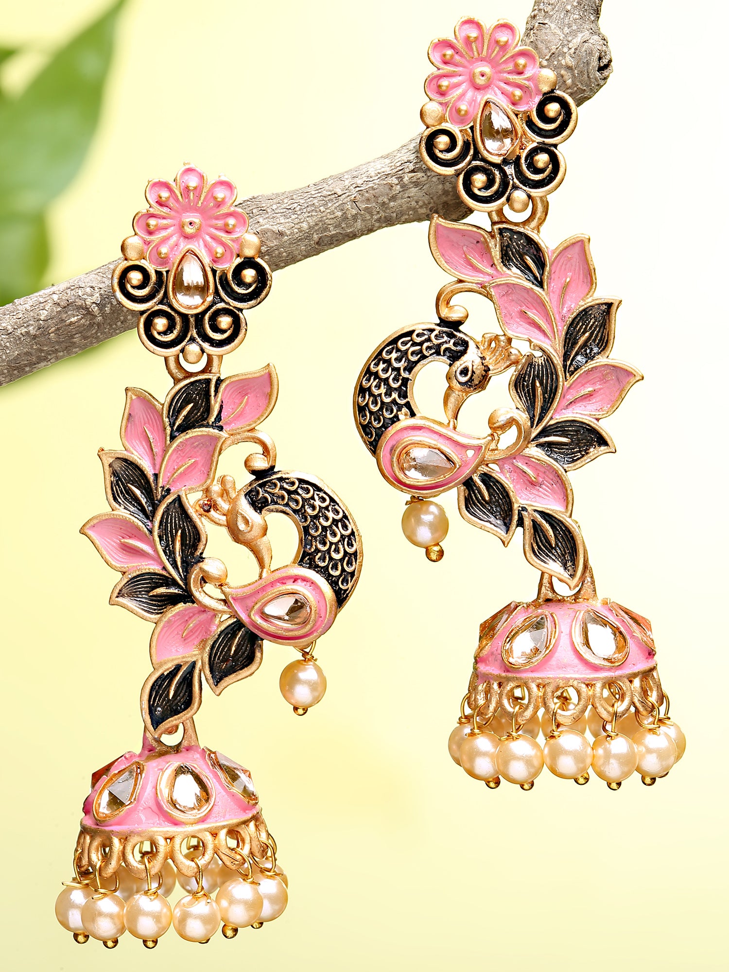 Karatcart Gold Plated Peacock Shape Pink Kundan Dangler Jhumki Earrings for Women - view 3