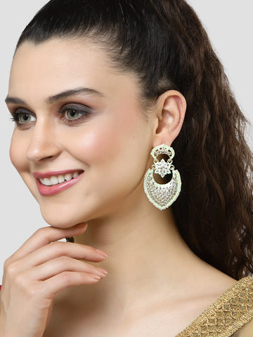 Karatcart Gold Plated Lime Green Meena Drop Shape Kundan Drop Earrings for Women