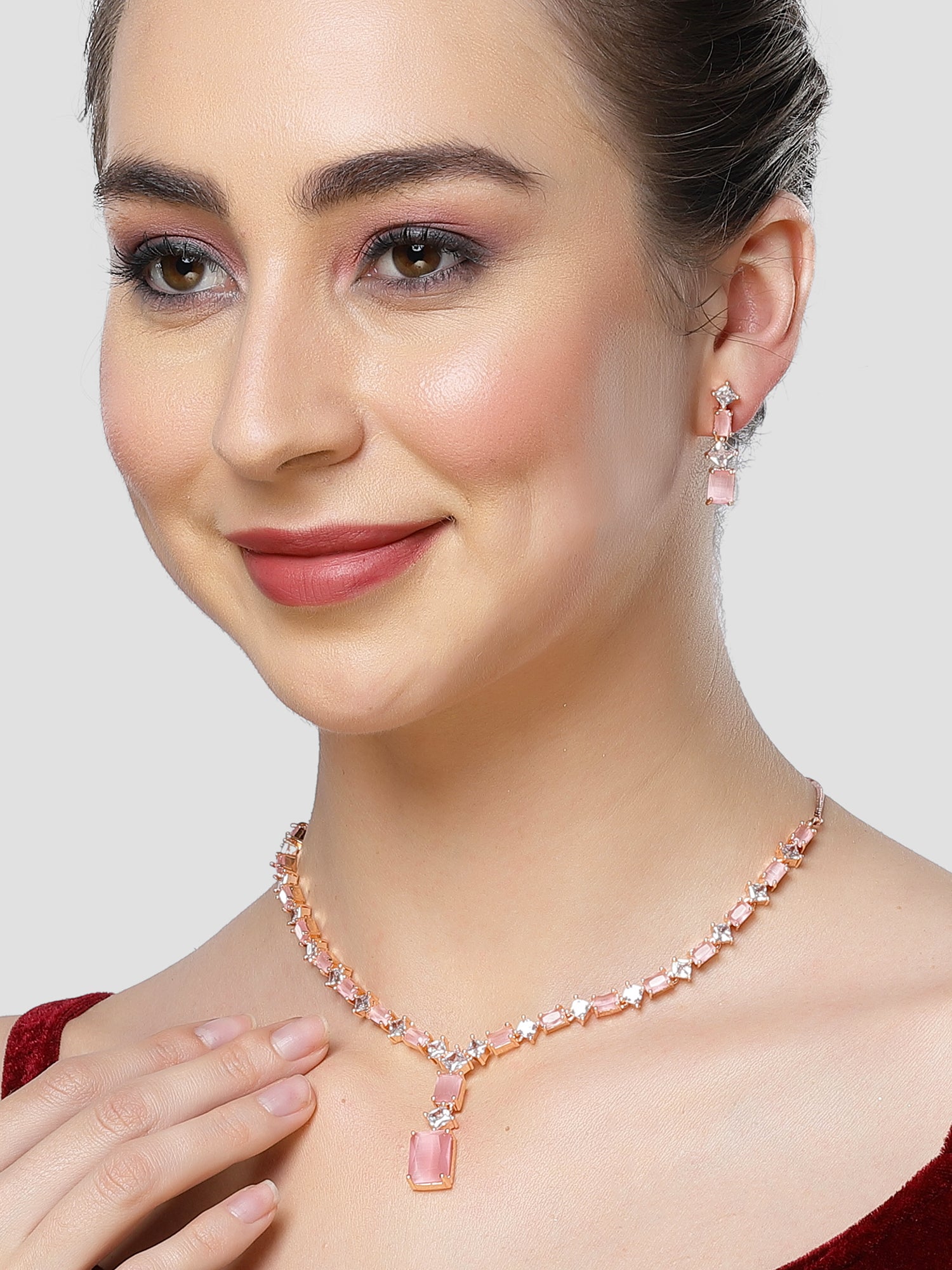 Karatcart Pink Cubic Zirconia Studded Rose Gold Plated Necklace Set for Women - view 2