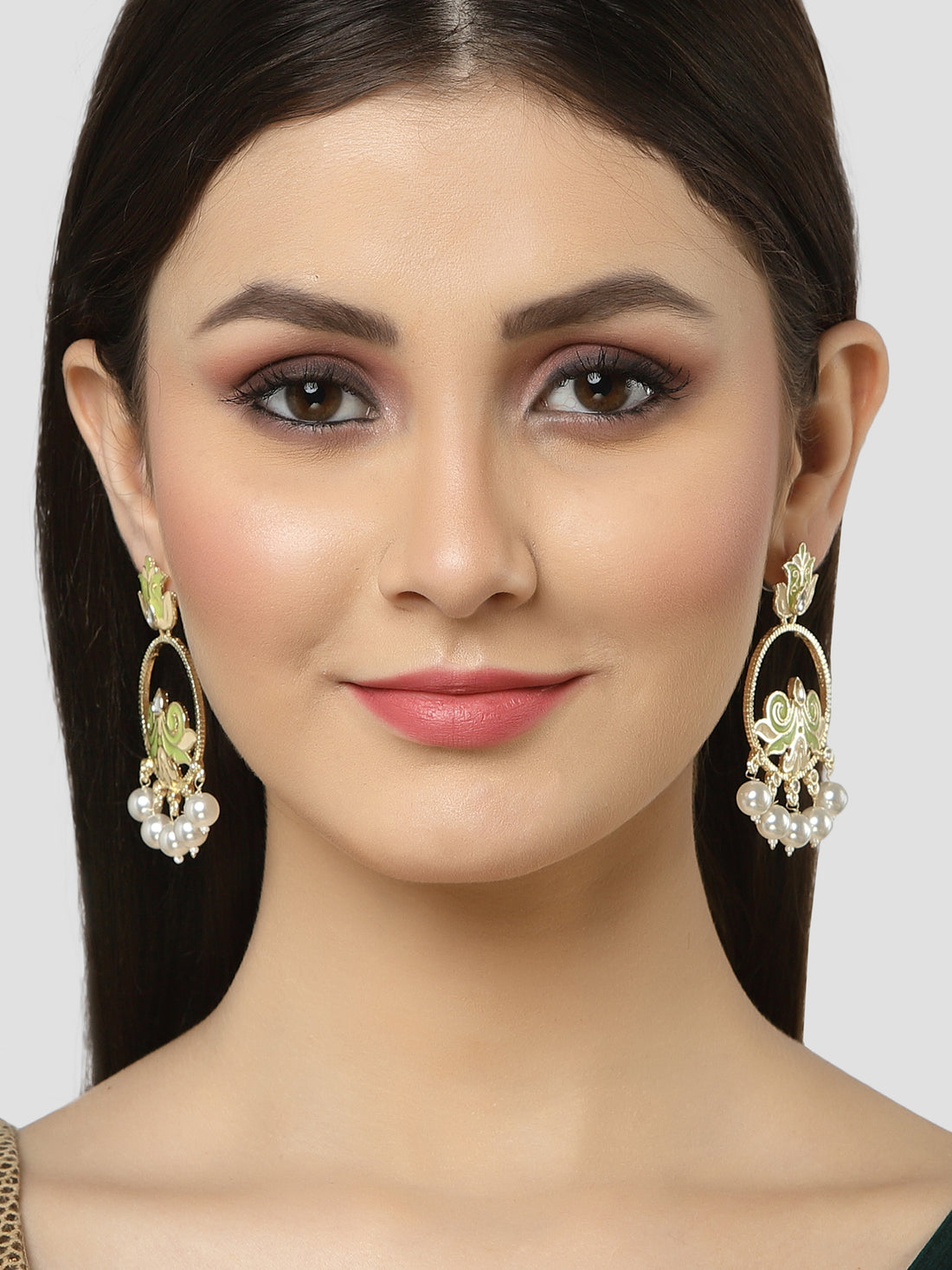 Karatcart Gold Plated Pearl Studded Light Green Meena Dangler Earrings for Women