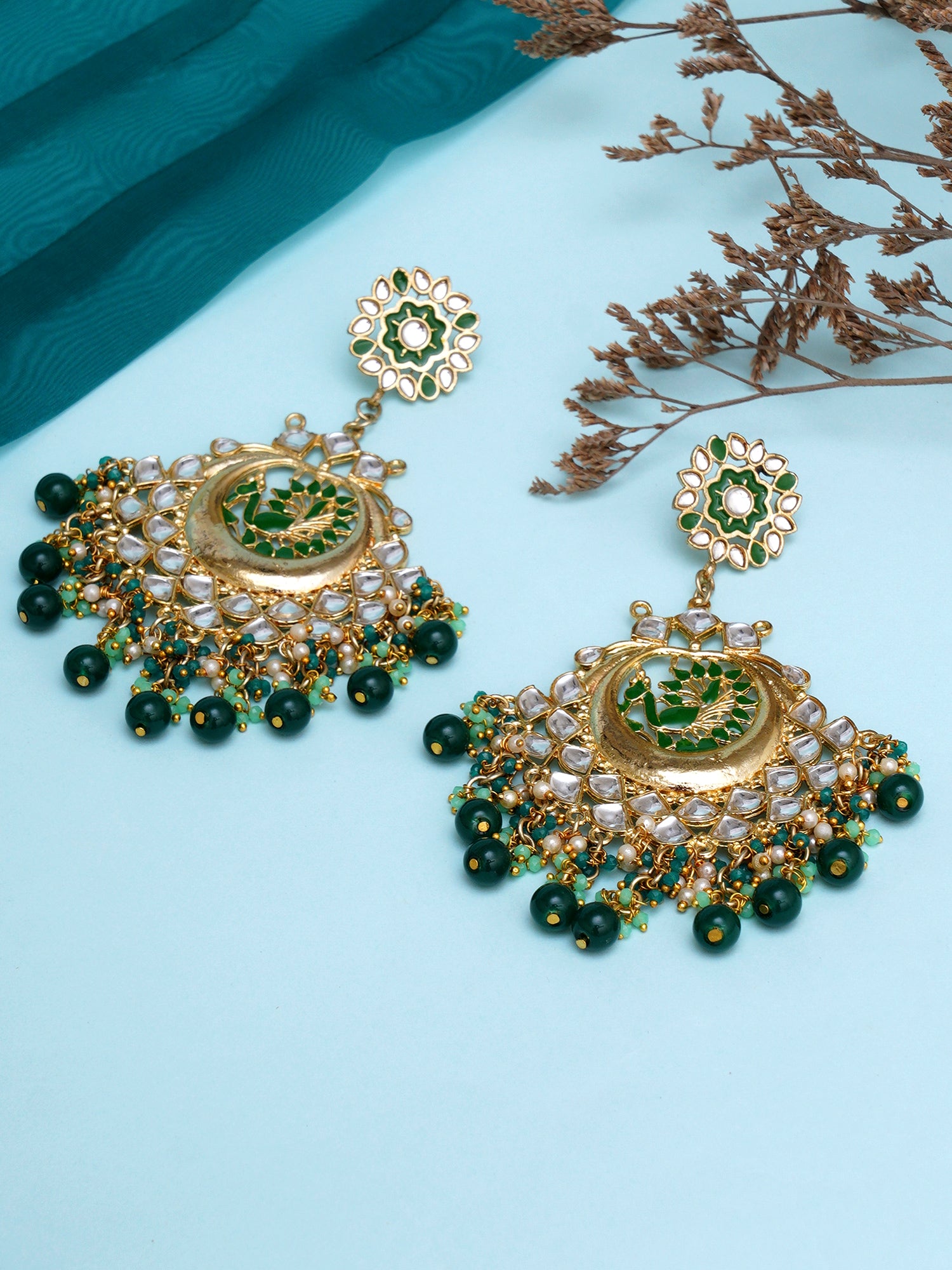 Karatcart Gold Plated Green Meena Peacock Design Kundan Chandbali Earrings for Women - Image 1