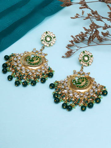 Karatcart Gold Plated Green Meena Peacock Design Kundan Chandbali Earrings for Women