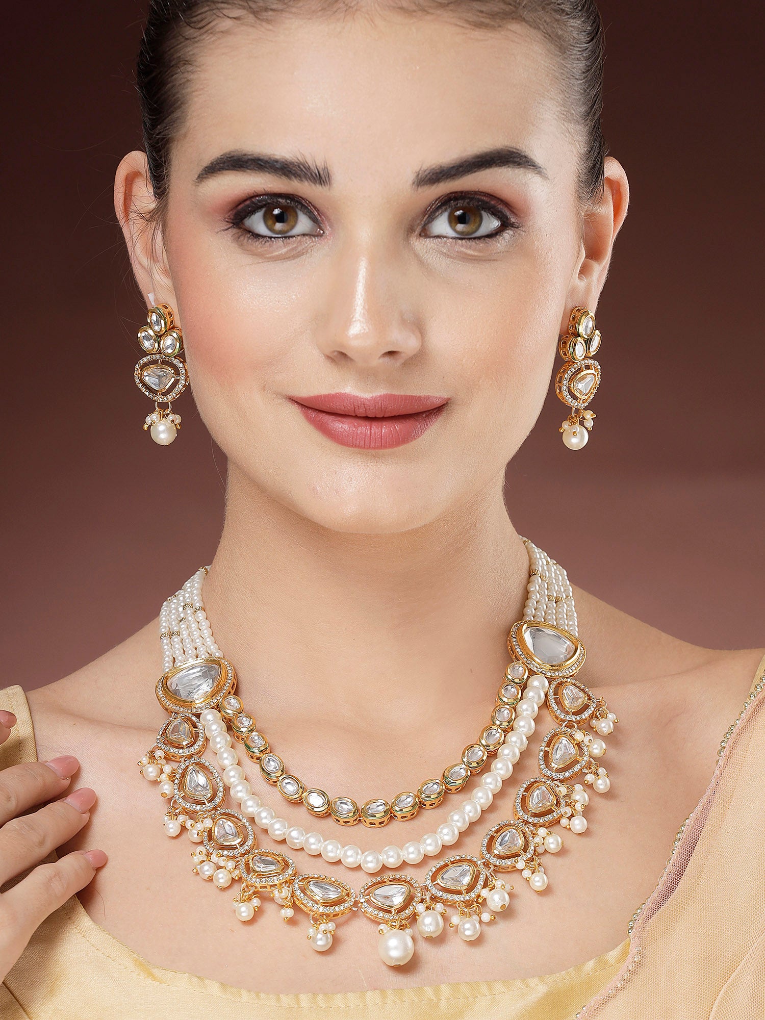 Karatcart Polki Kundan Drop Pearl Design Rani Haar Necklace Set for Women