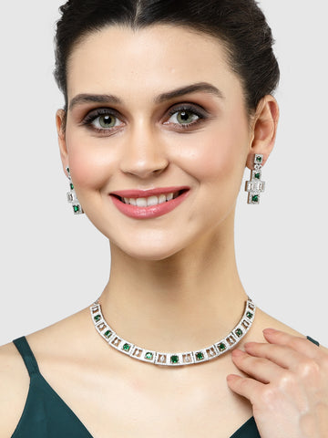 Karatcart Silver Tone Green Cubic Zirconia Studded Necklace Set