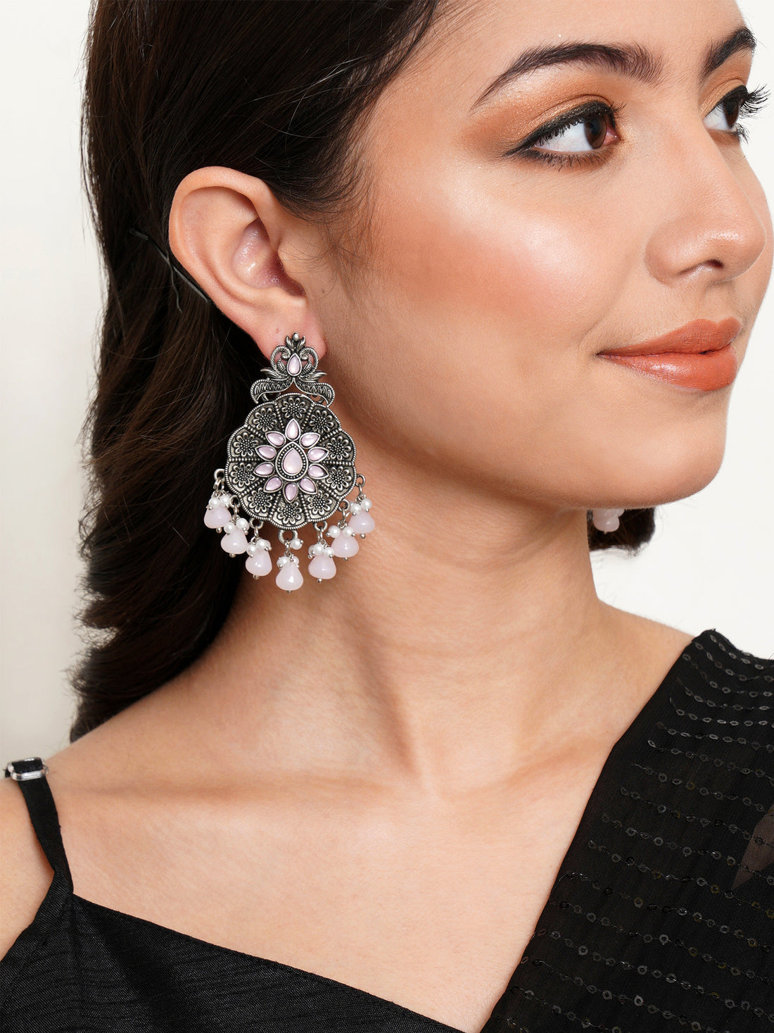 Karatcart Oxidised Silver Pink Monalisa Stone Studded Floral Dangler Earrings for Women