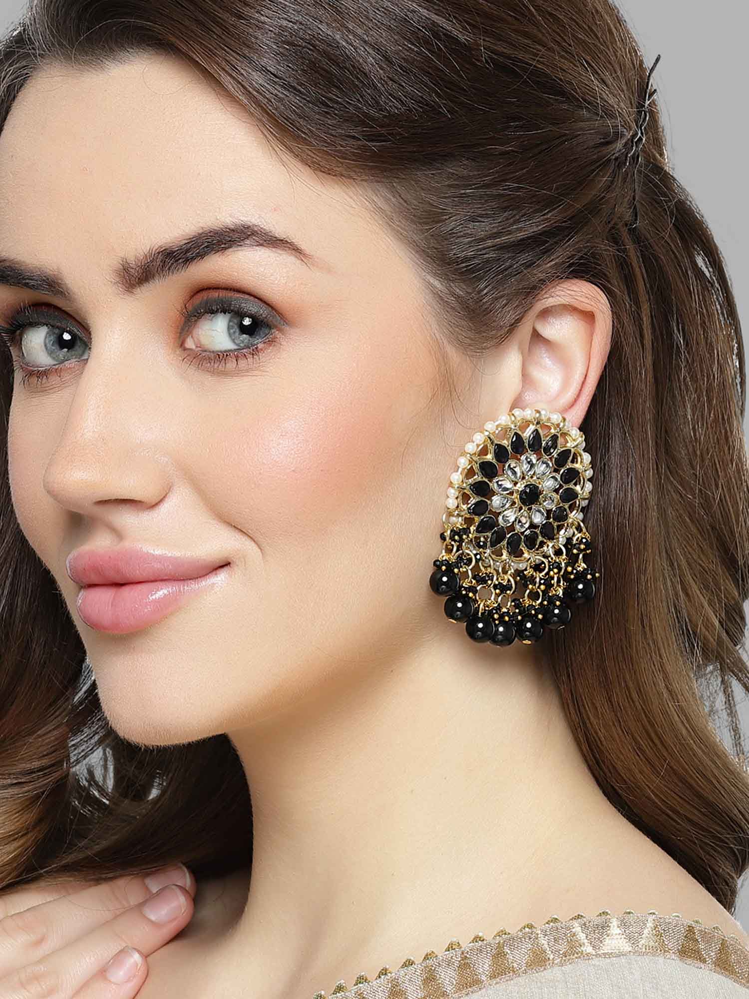 Karatcart Gold Plated Black Beads Kundan Dangler Earrings for Women - Image 1