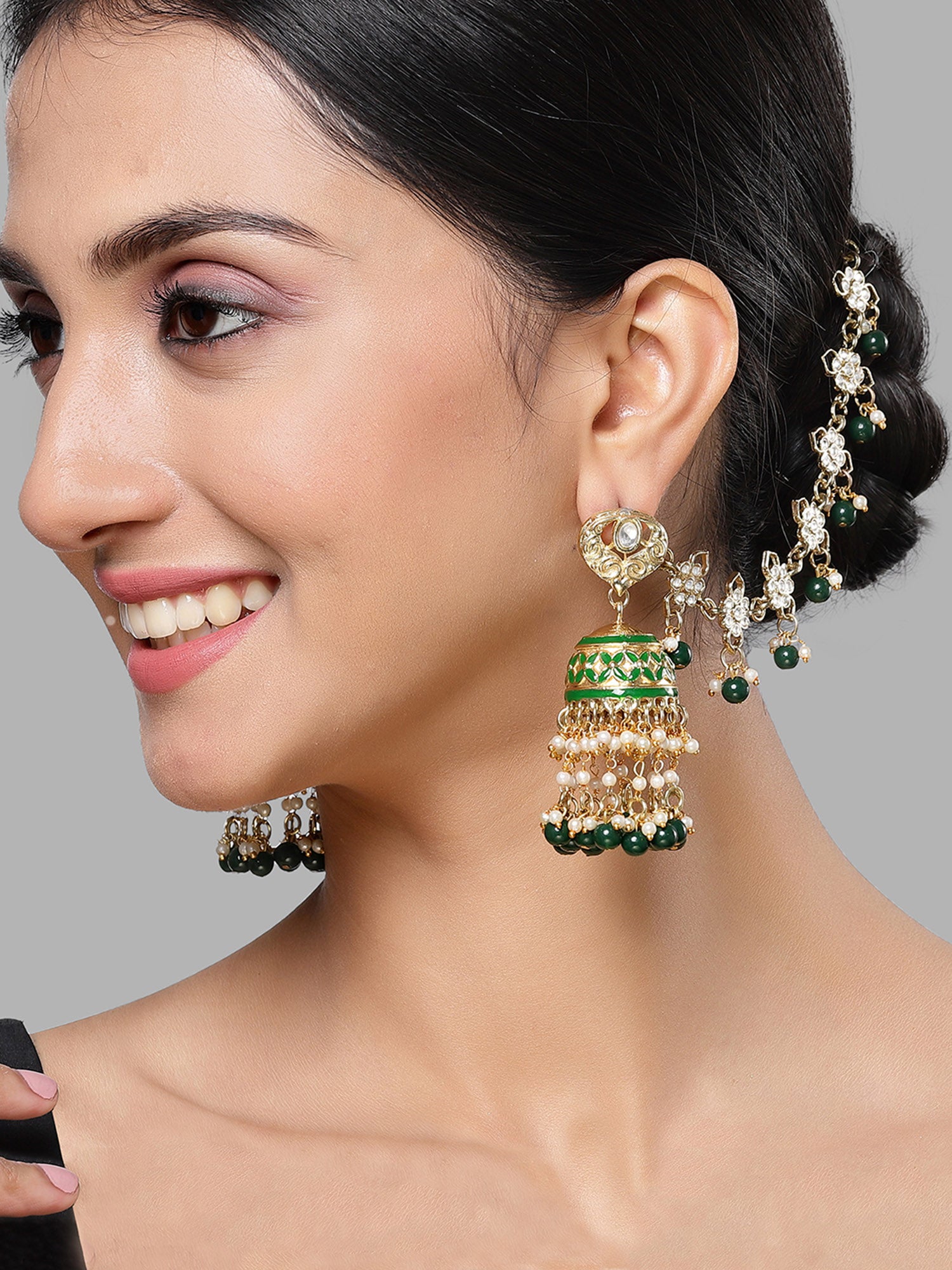 Karatcart Gold Plated Green Meena and Beads Kundan Kaanchain Jhumki Earrings for Women - Image 1