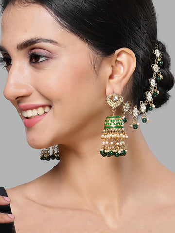 Karatcart Gold Plated Green Meena and Beads Kundan Kaanchain Jhumki Earrings for Women