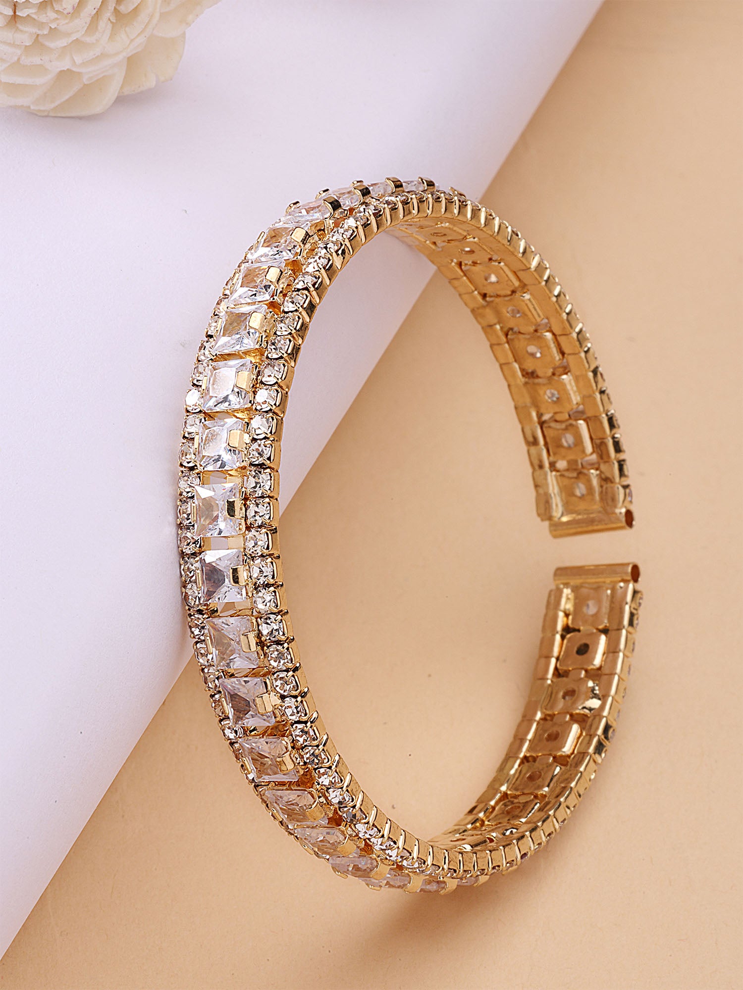 Bohey by KARATCART Gold-Plated White Cubic Zirconia Studded Cuff Bracelet for Women
