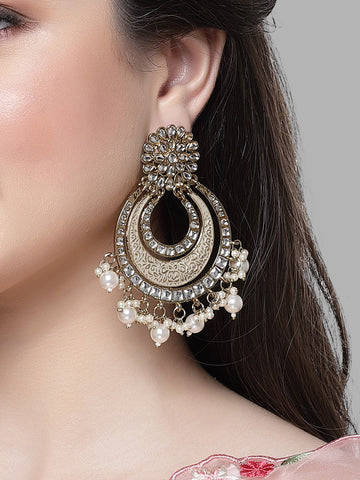 Karatcart Gold Plated Light Grey Meena Kundan Chandbali Earrings for Women