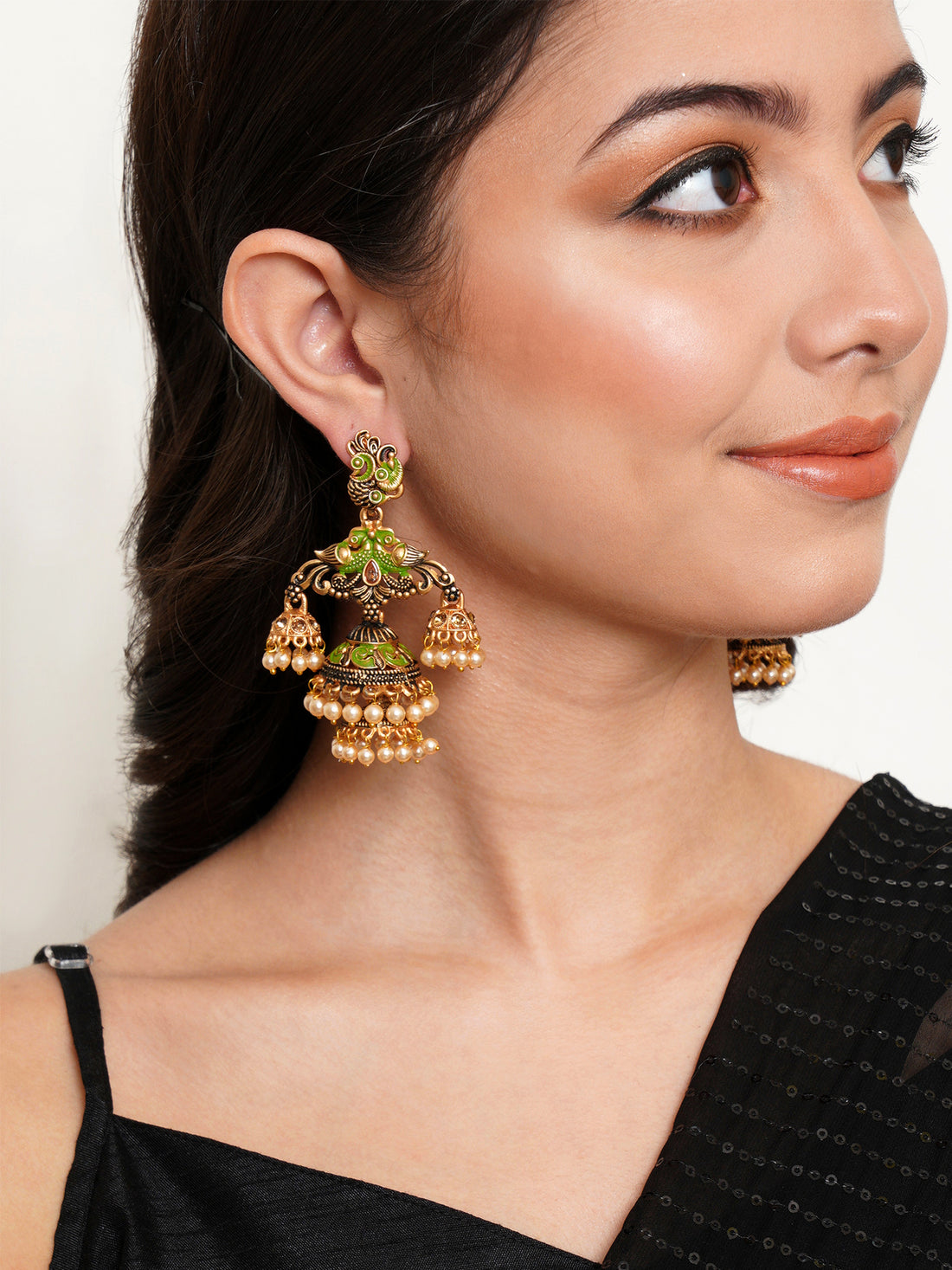 Karatcart Gold Plated Light Green Meena Double Jhumki Earrings for Women