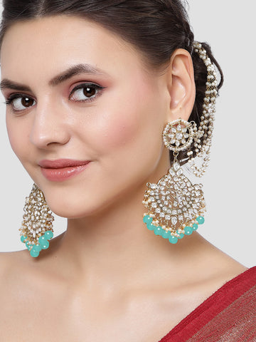 Karatcart Gold Plated Light Blue Beads Kundan Kaanchain Earrings for Women