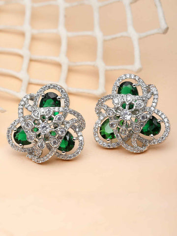 Karatcart Silver Plated Green Cubic Zirconia Floral Design Stud Earrings for Women