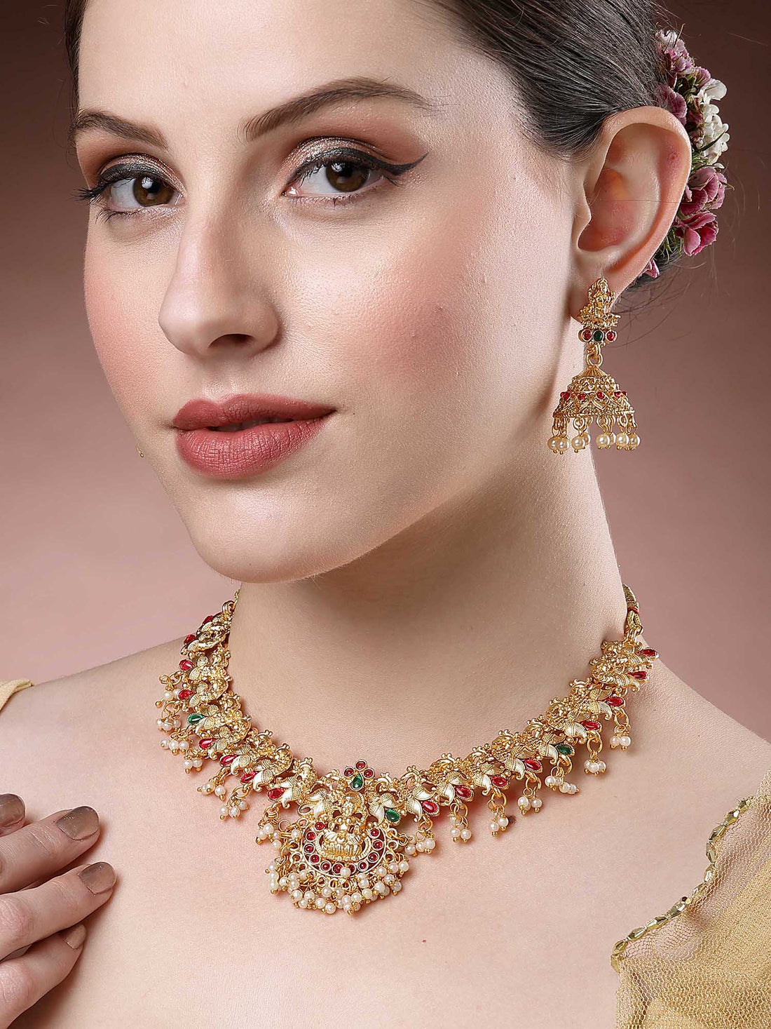 Karatcart Gold-Plated Red & Green Stone Studded & Beaded Temple Jewellery Set