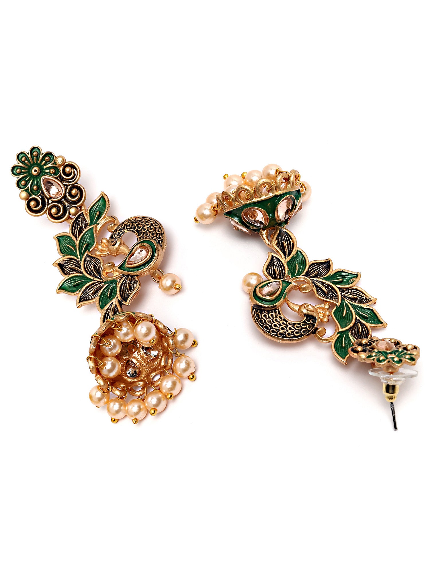 Karatcart Gold Plated Peacock Shape Green Kundan Dangler Jhumki Earrings for Women - view 5