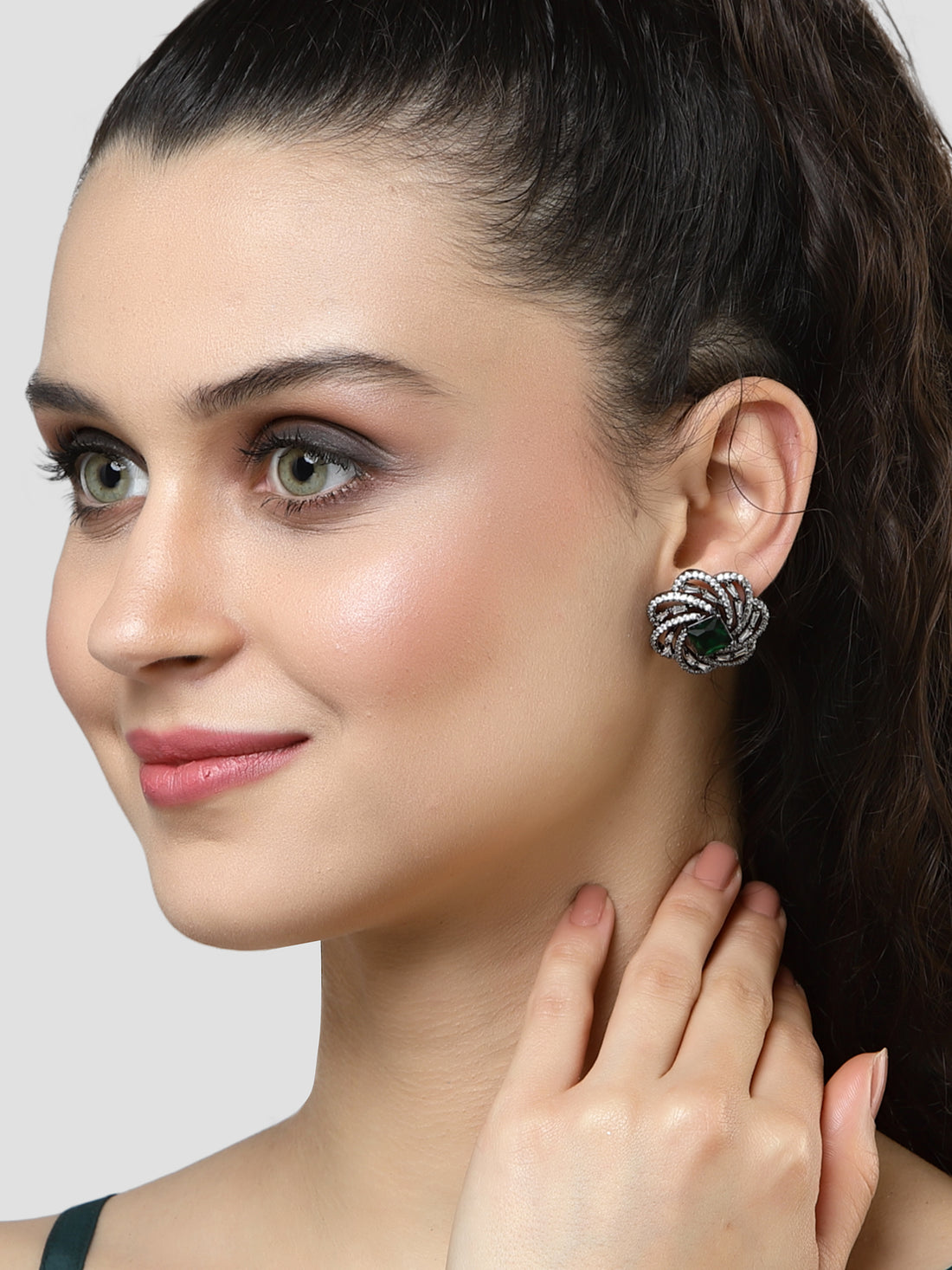 Karatcart Black Silver Tone Green Cubic Zirconia Stud Earrings for Women